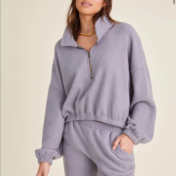 Project Social T Tops - CHANGES ZIP UP COZY TOP - SLATE GREY cropped cozy collar pull over banded cuffs